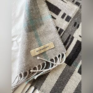 Burberry Scarf 100% Extra Fine Merino Wool with Gray and Blue Plaid Design